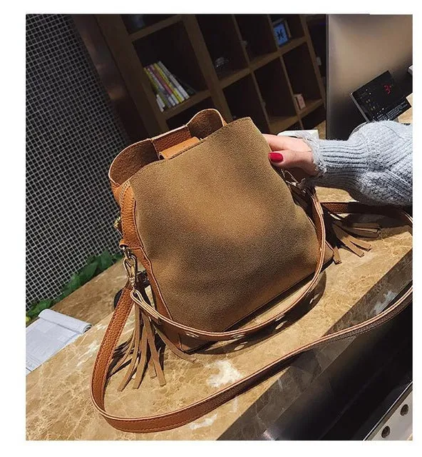 2018 Fashion Scrub Women Bucket Bag Vintage Tassel Messenger Bag High Quality Retro Shoulder Bag