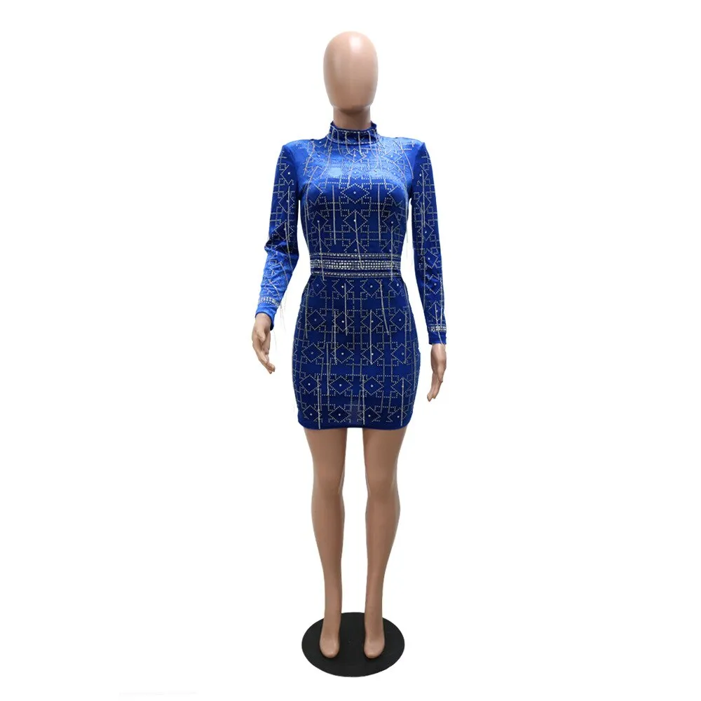 2021 New Arrival Famous Brand Dress Solid Diamond Tassel O-neck Long Sleeve Sexy Club Mini Dress Vestidos