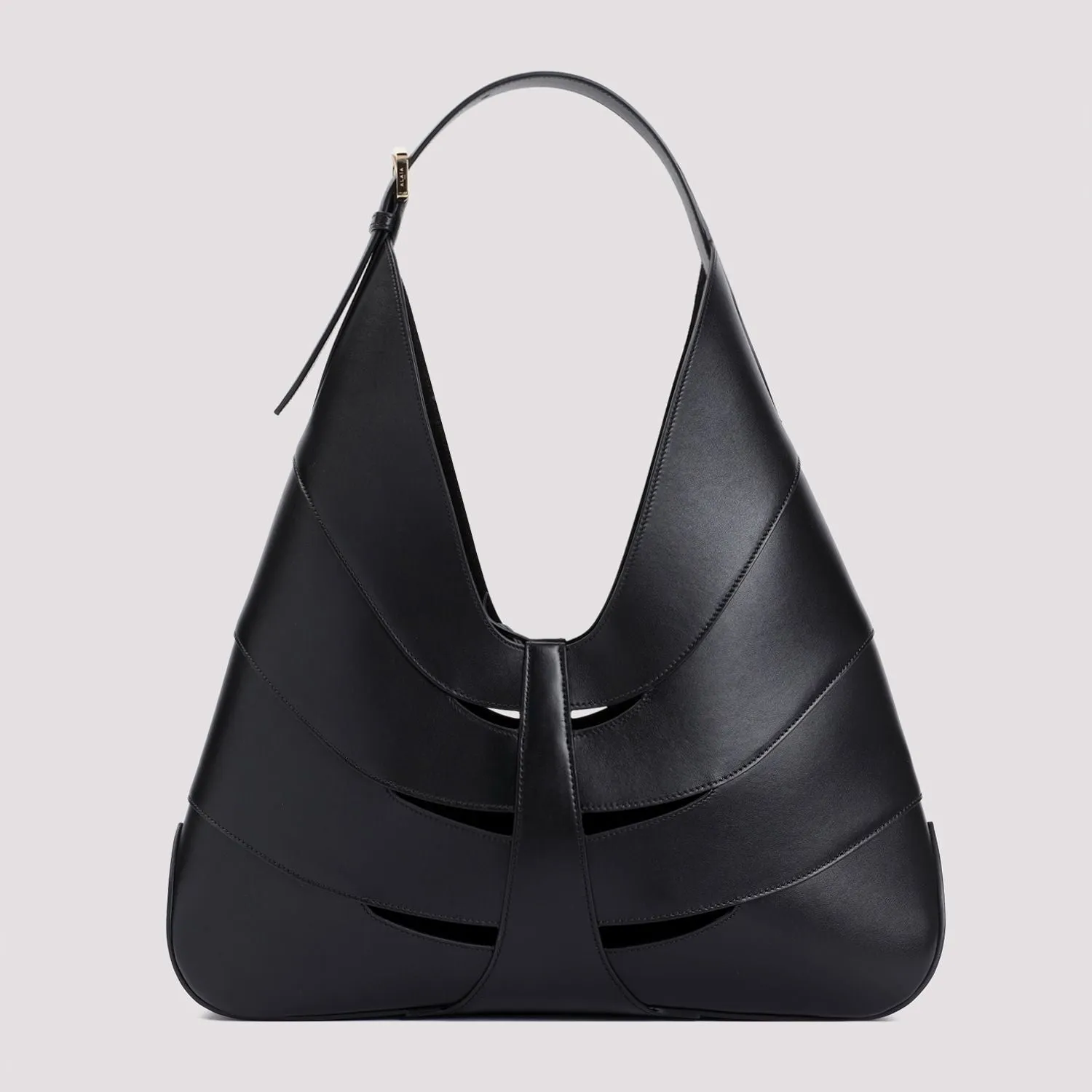 ALAIA Sleek Delta Hobo Shoulder Bag in Black Leather (W:17" H:8.7" D:3.1")