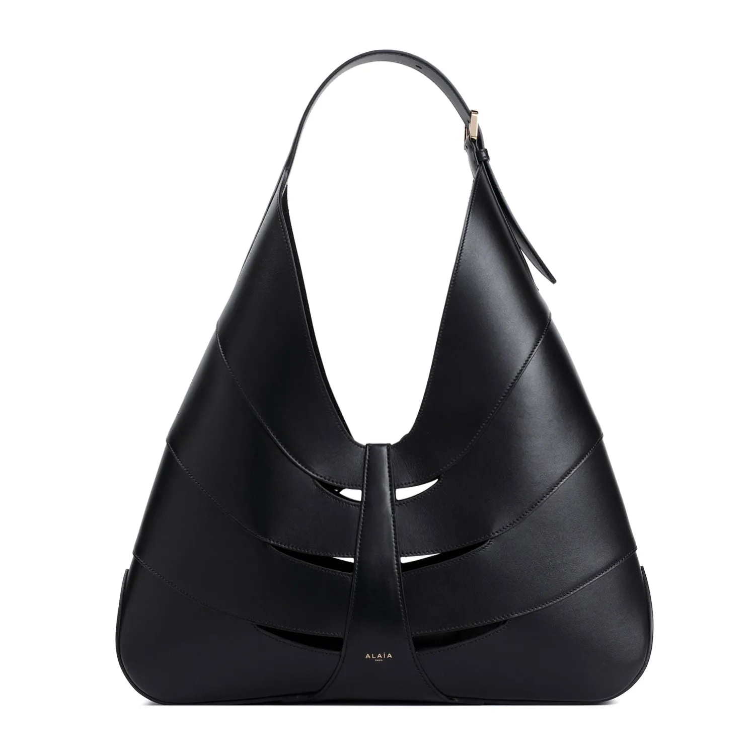 ALAIA Sleek Delta Hobo Shoulder Bag in Black Leather (W:17" H:8.7" D:3.1")