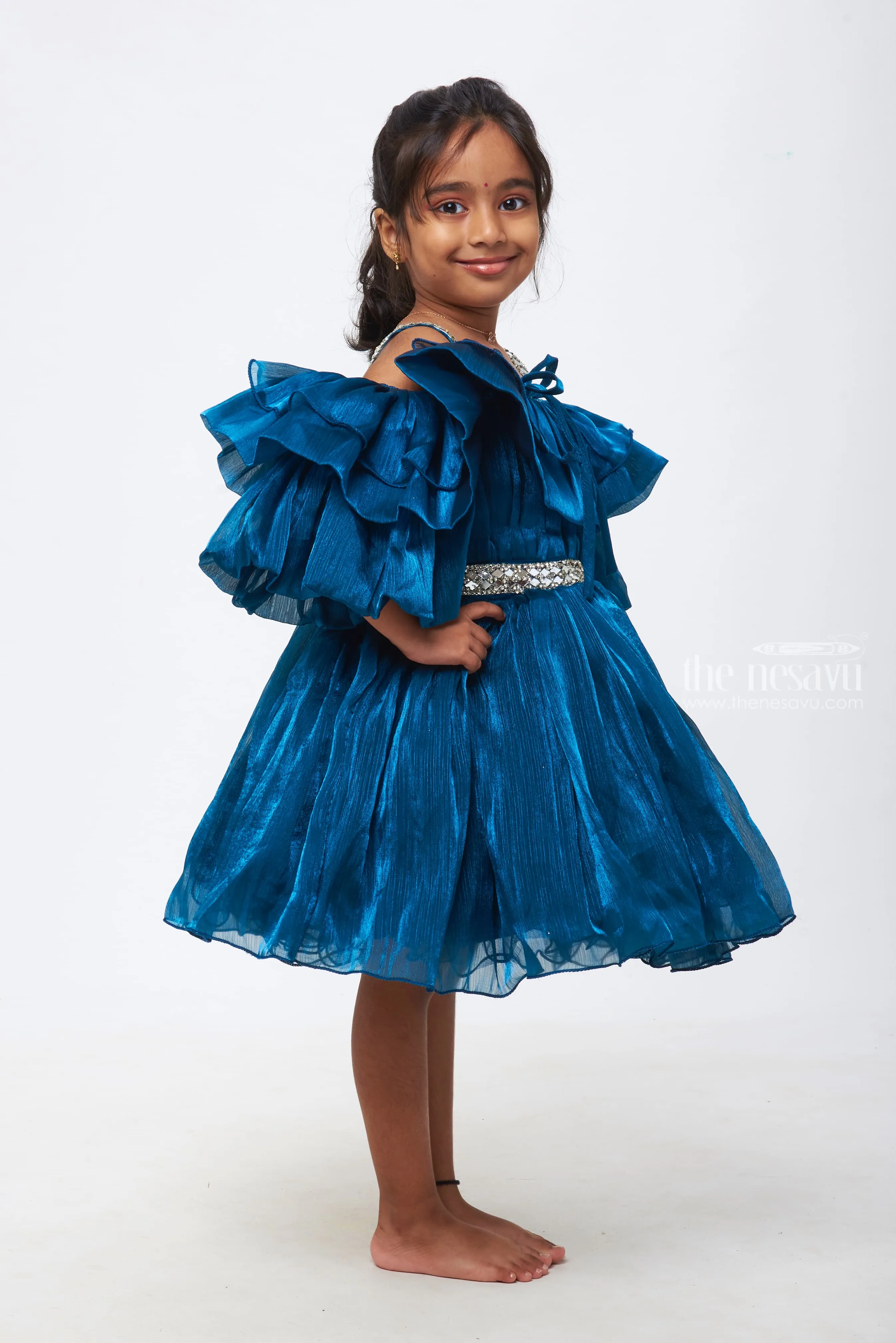 Azure Elegance: Girls Deep Blue Organza Ruffle Frock with Crystal Embellishments