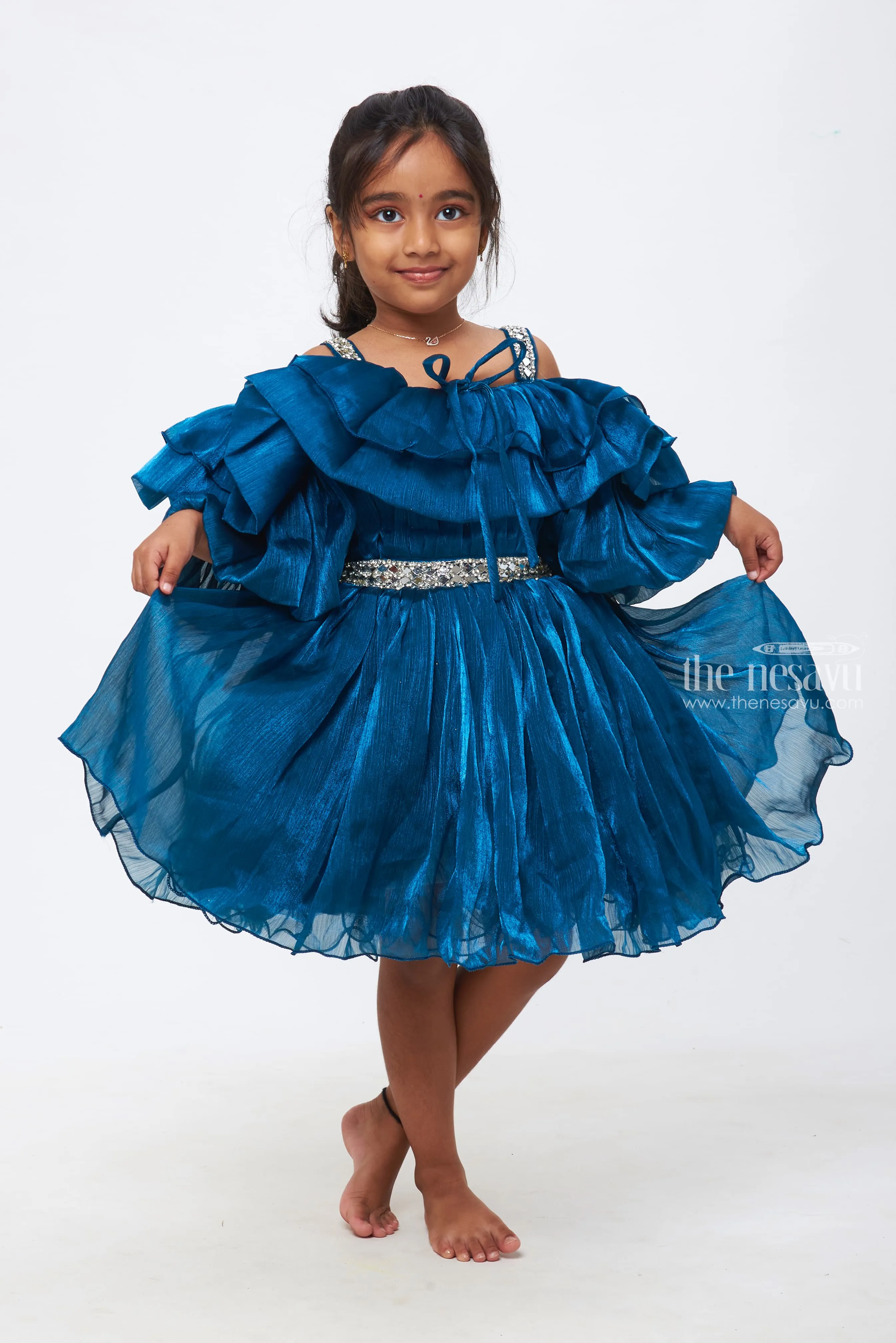 Azure Elegance: Girls Deep Blue Organza Ruffle Frock with Crystal Embellishments