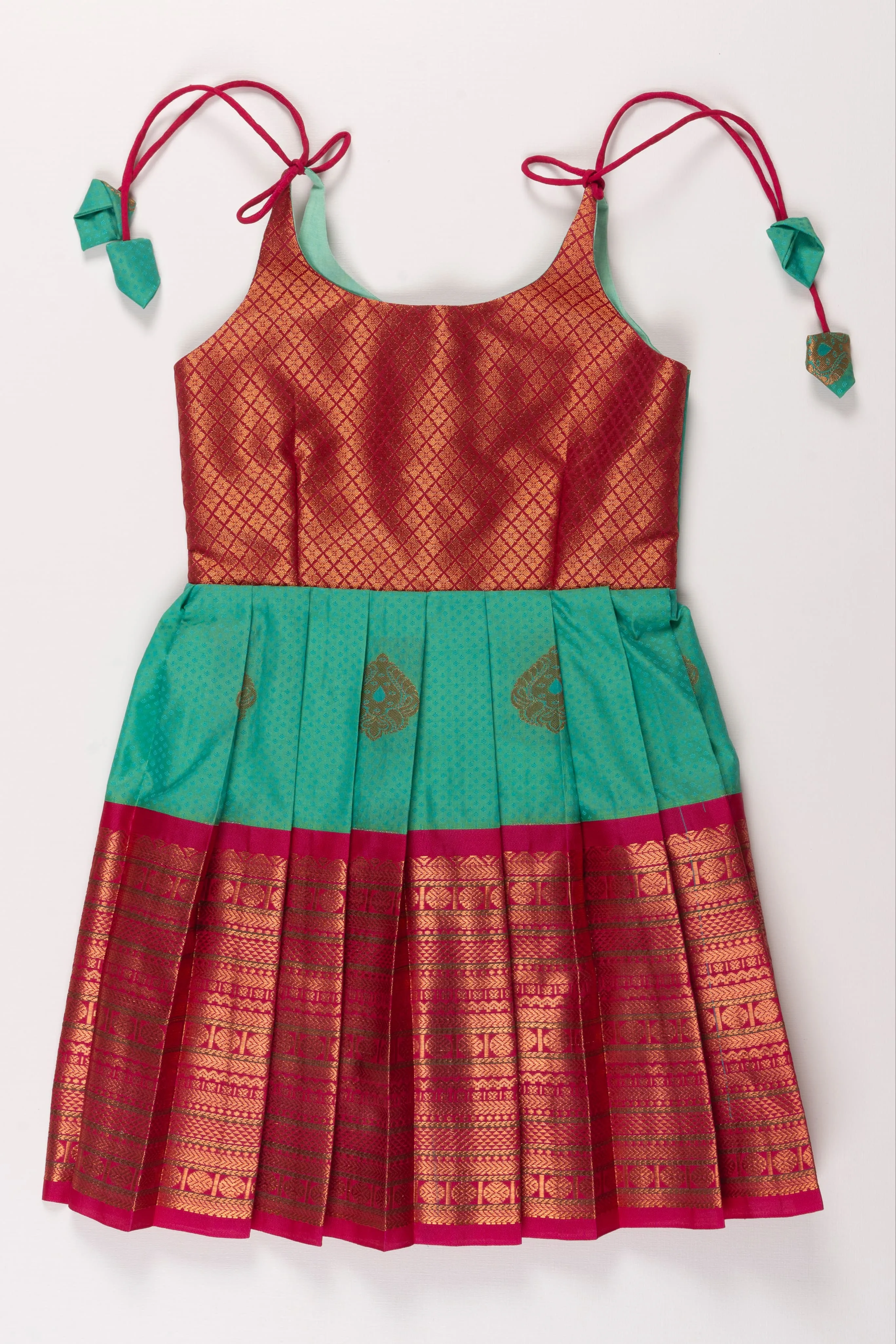 Beige and Green Silk Tie-up Frock for Girls