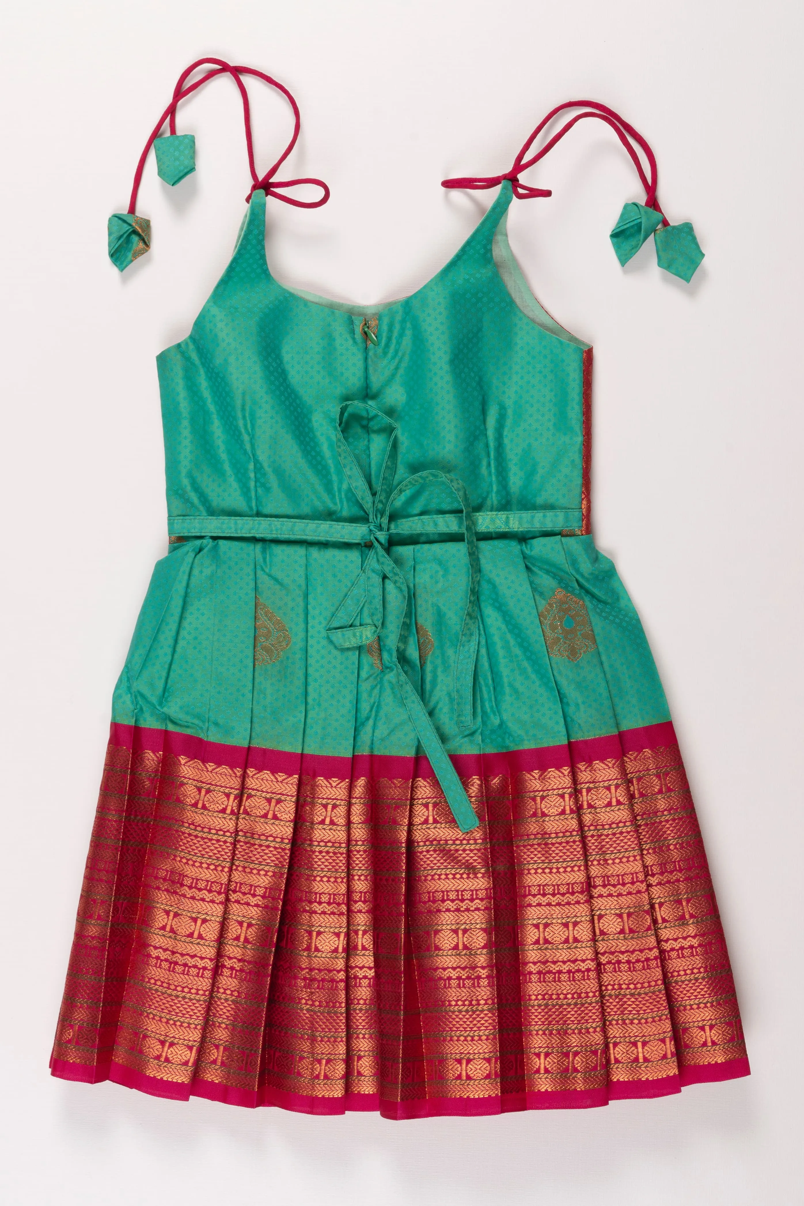 Beige and Green Silk Tie-up Frock for Girls