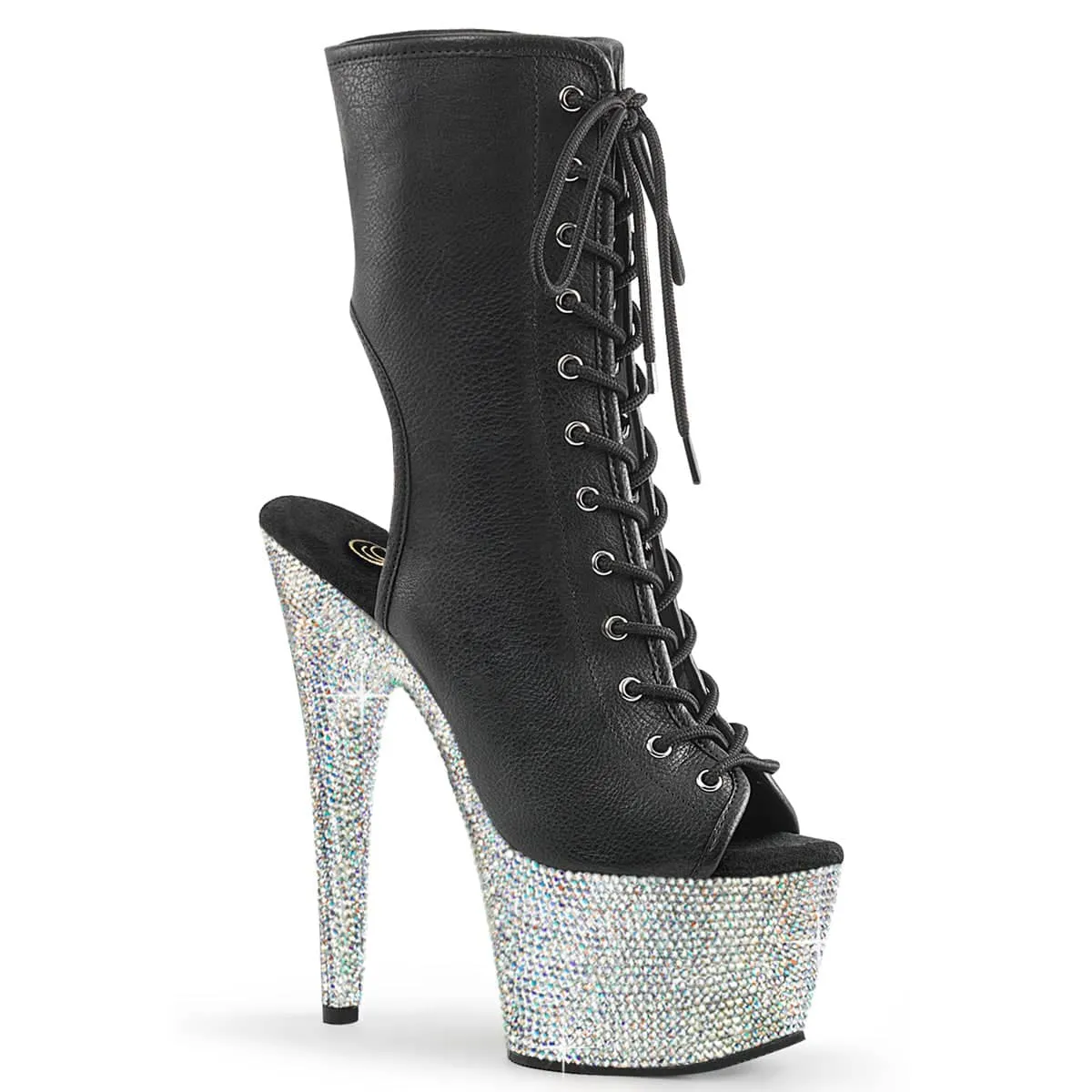 BEJEWELED-1016-7 Black & Silver Calf High Peep Toe Boots