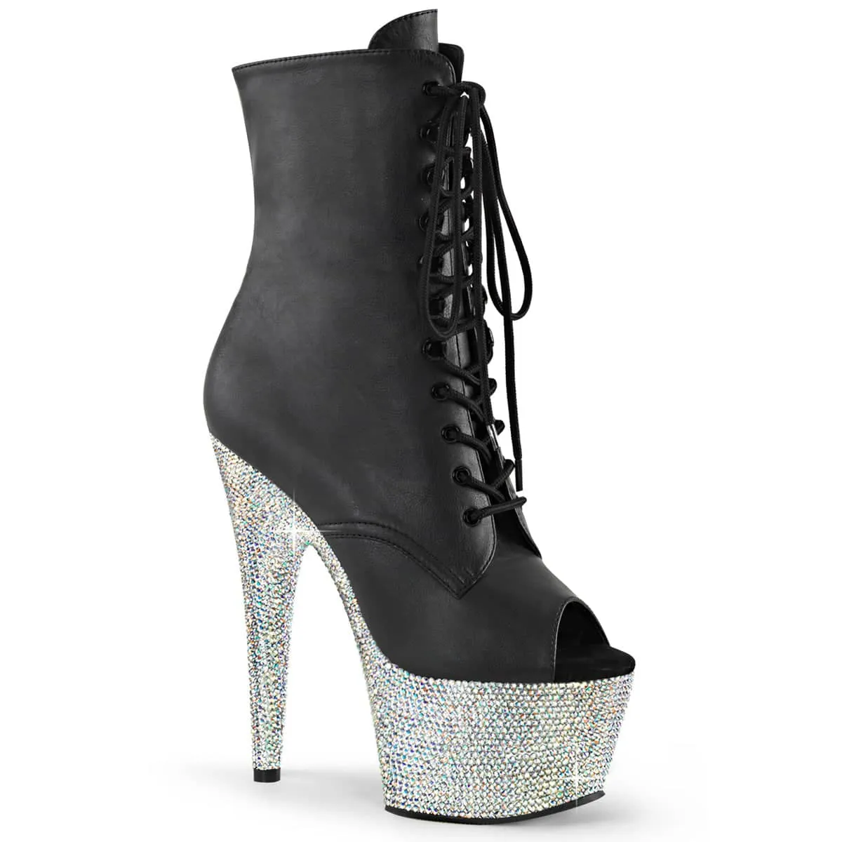 BEJEWELED-1021-7 Black & Silver Calf High Peep Toe Boots