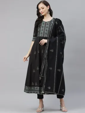 Black Cotton Anarkali Kurta Pant Set with Dupatta