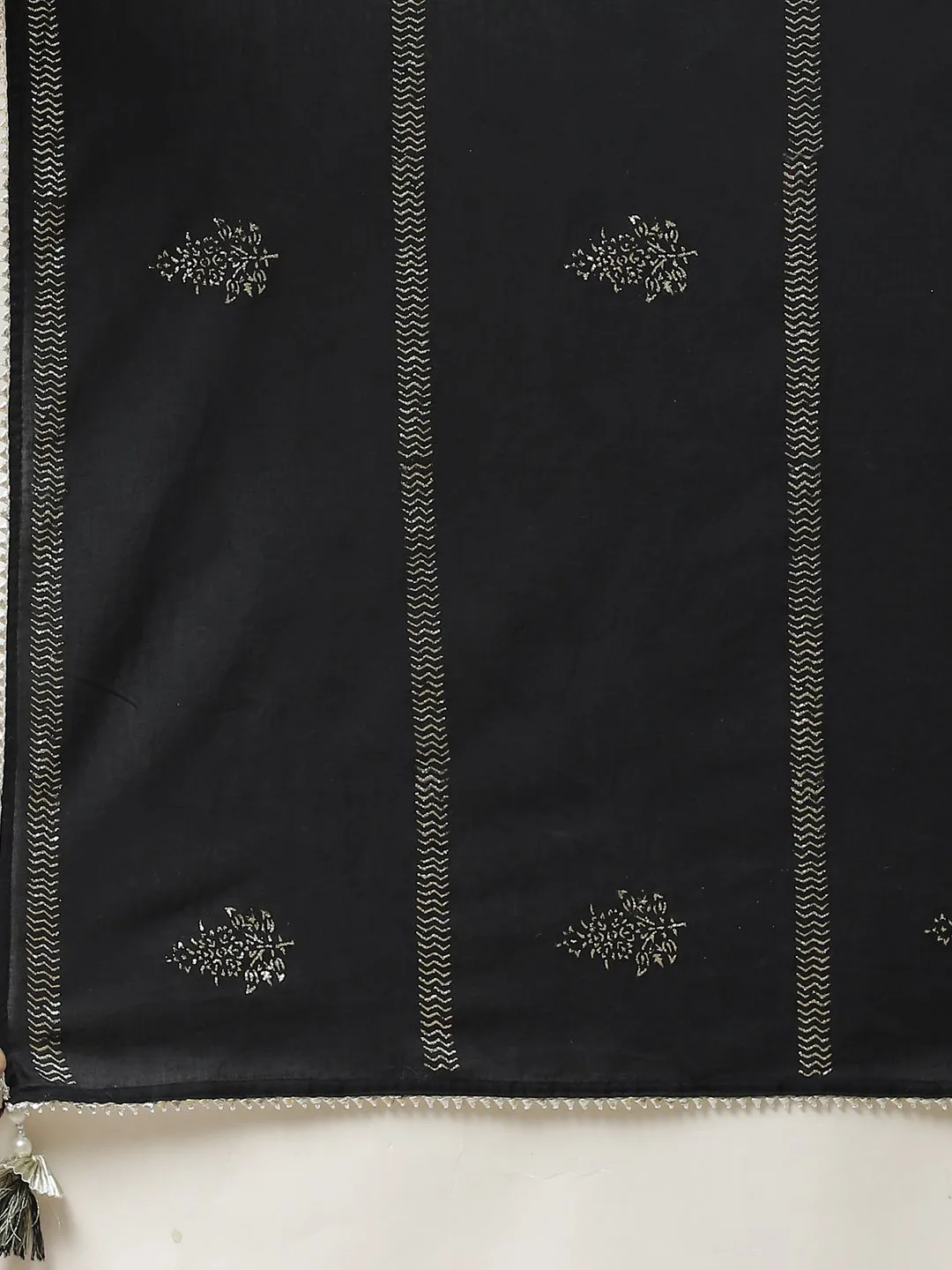 Black Cotton Anarkali Kurta Pant Set with Dupatta