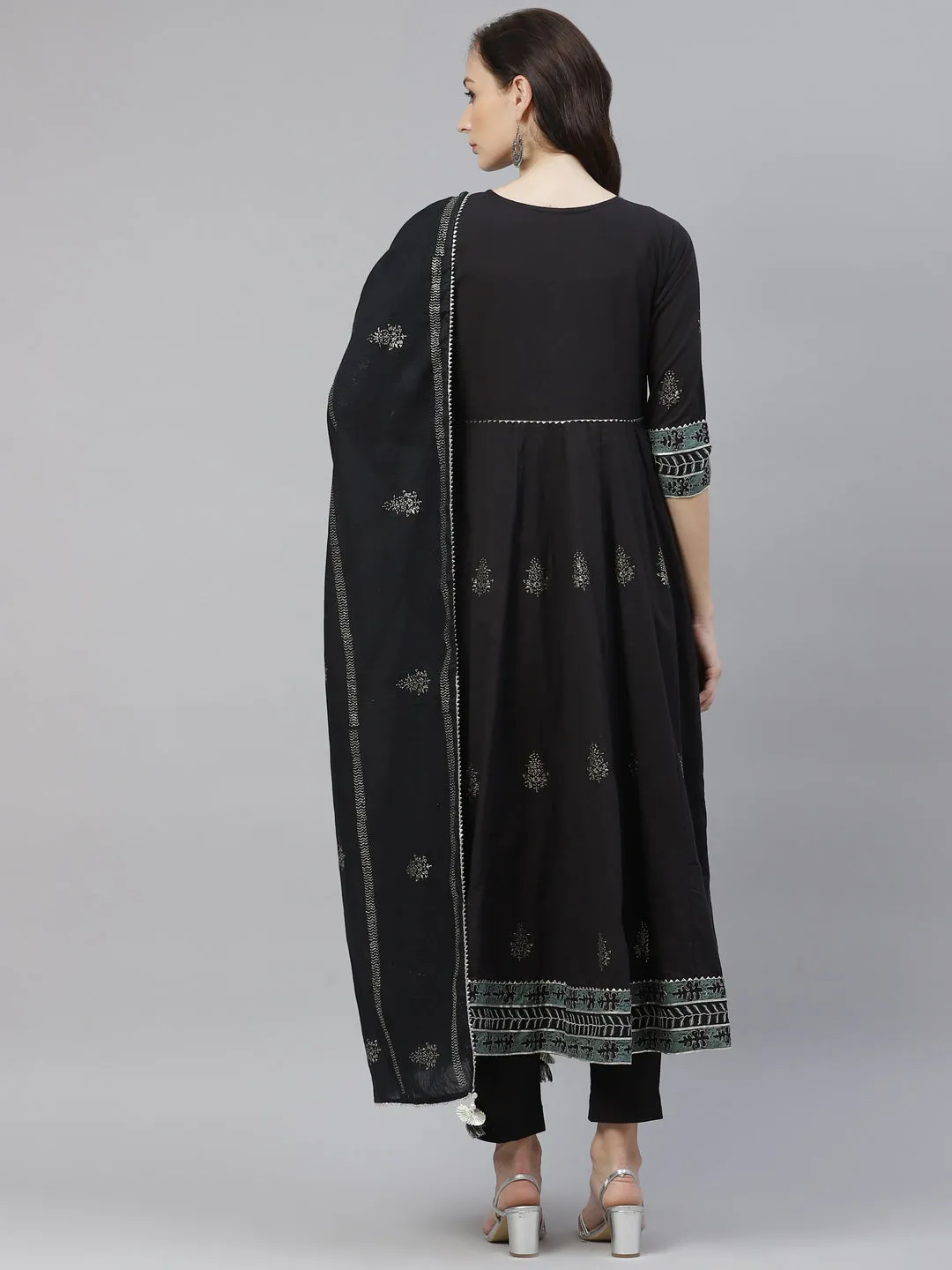 Black Cotton Anarkali Kurta Pant Set with Dupatta