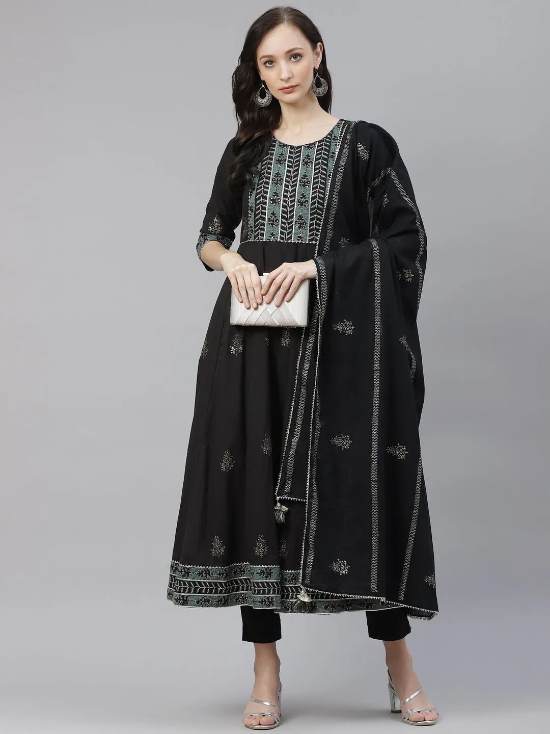 Black Cotton Anarkali Kurta Pant Set with Dupatta