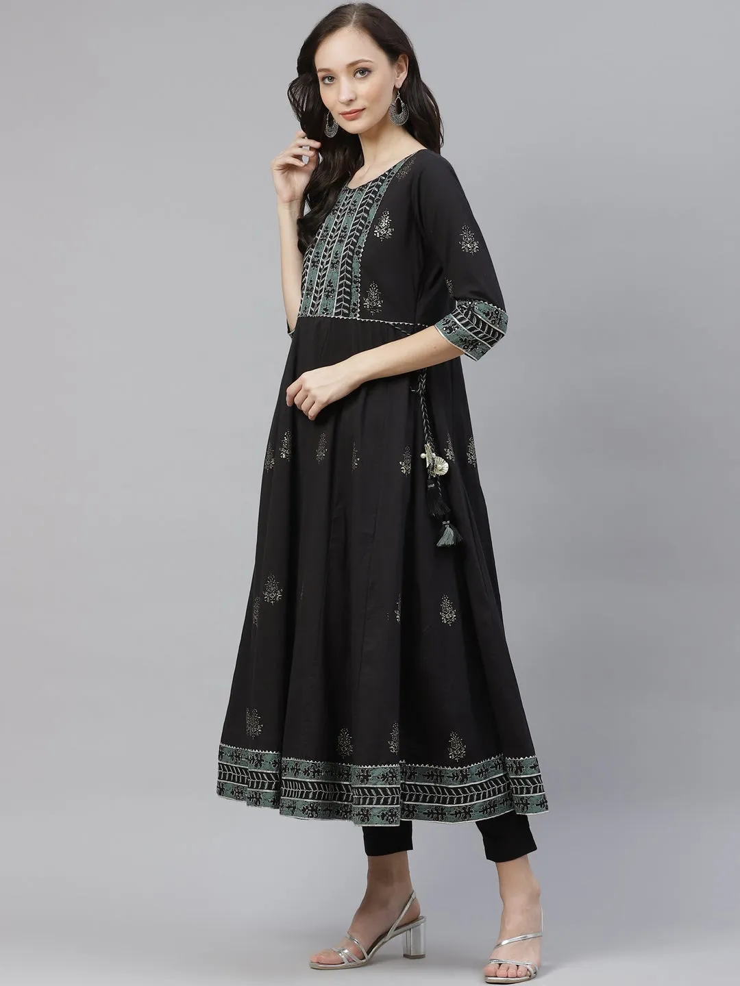 Black Cotton Anarkali Kurta Pant Set with Dupatta