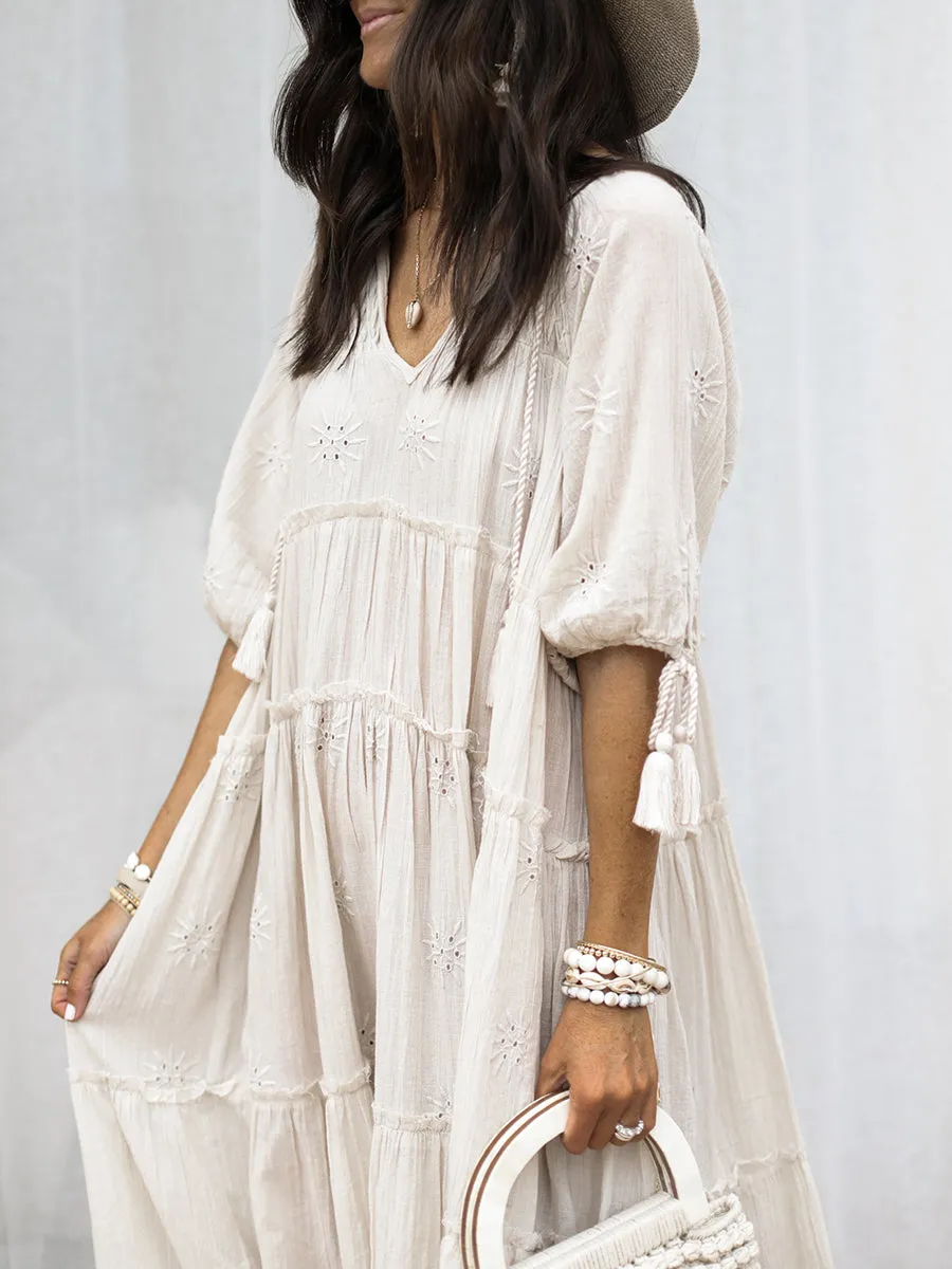 Boho Mid-sleeved Tassel V-neck Loose Midi Dress