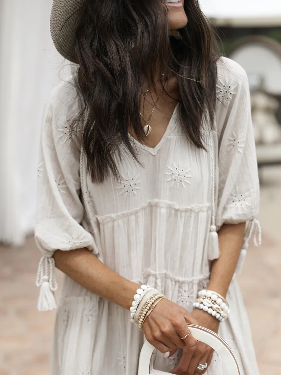 Boho Mid-sleeved Tassel V-neck Loose Midi Dress