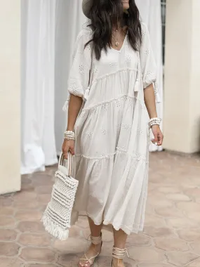 Boho Mid-sleeved Tassel V-neck Loose Midi Dress