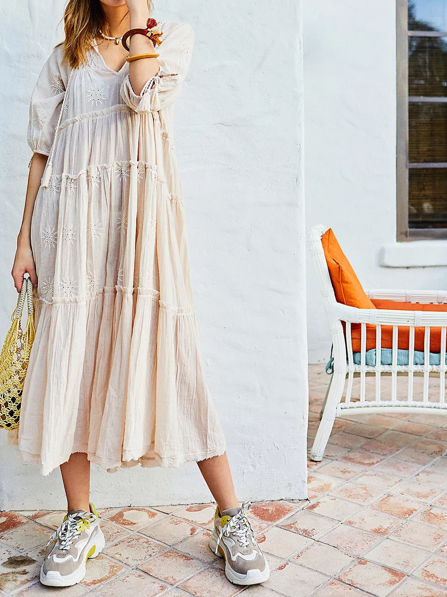 Boho Mid-sleeved Tassel V-neck Loose Midi Dress