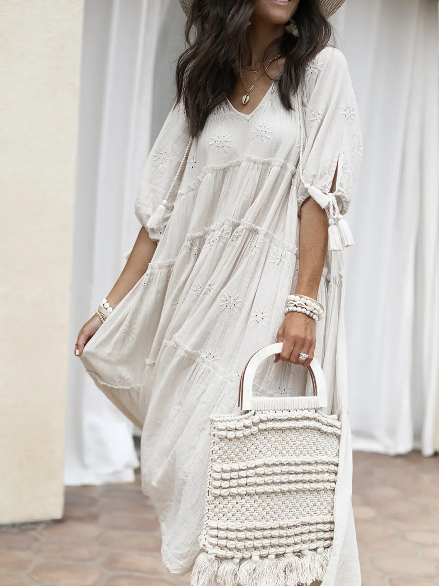 Boho Mid-sleeved Tassel V-neck Loose Midi Dress