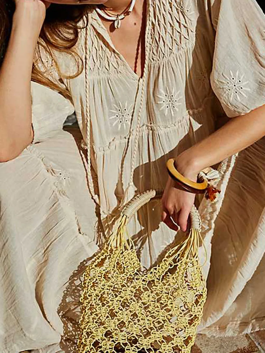 Boho Mid-sleeved Tassel V-neck Loose Midi Dress