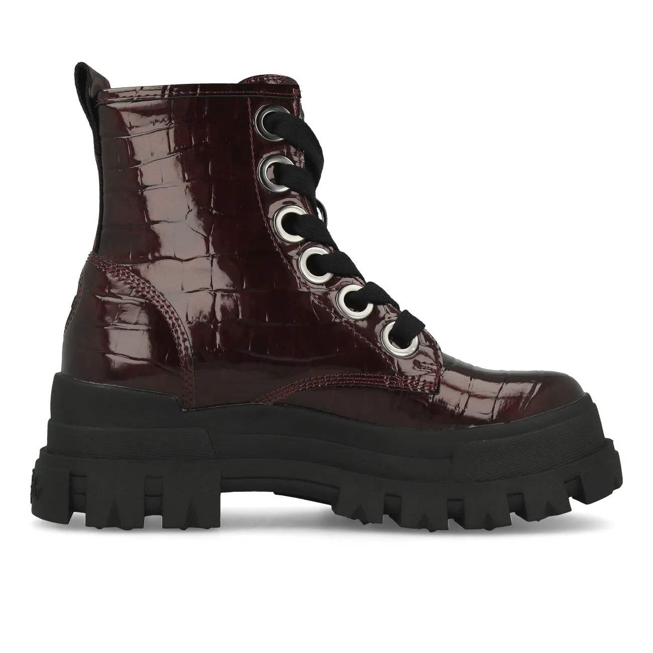 Buffalo Aspha Lace Up Hi Ankle Bootie Flat Vegan Damen Croco Bordeaux