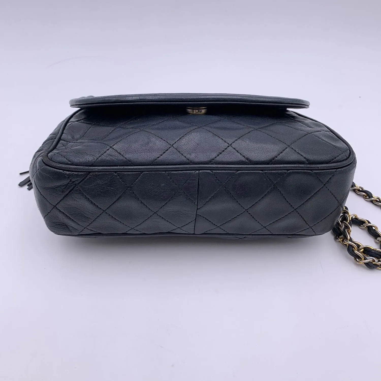 Chanel Vintage Dark Blue Quilted Leather Logo Tassel Shoulder Bag