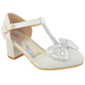 CHAVA KIDS MID HIGH HEEL SANDALS WITH BOW & DIAMANTE DETAIL IN WHITE GLITTER