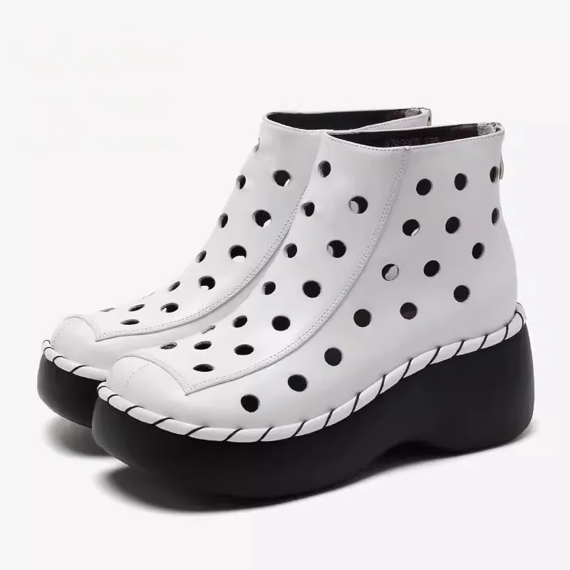 Cut Out Summer Boots Breathable Leather Short Boots in Black/White