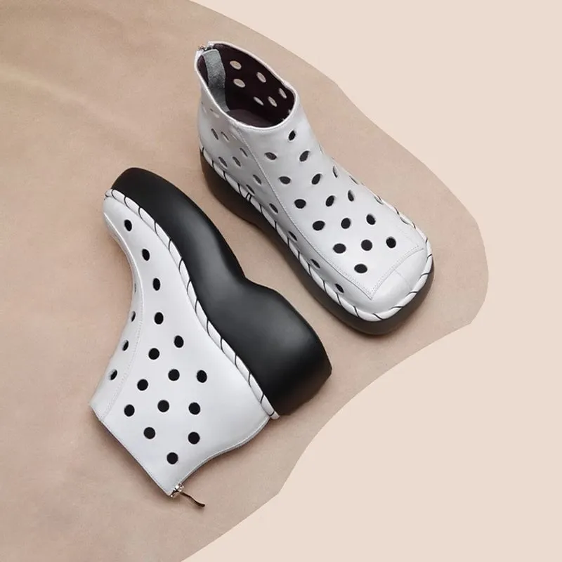 Cut Out Summer Boots Breathable Leather Short Boots in Black/White