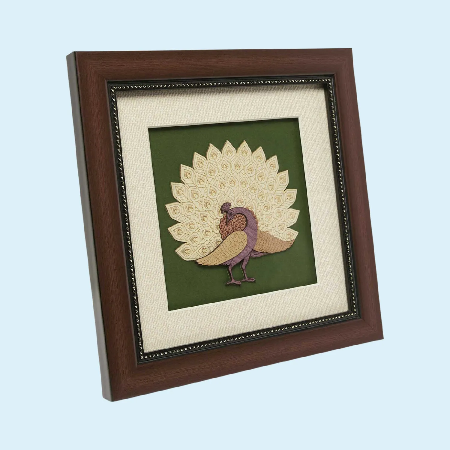 Dancing Peacock Wood Art Frame 8 in x 8 in