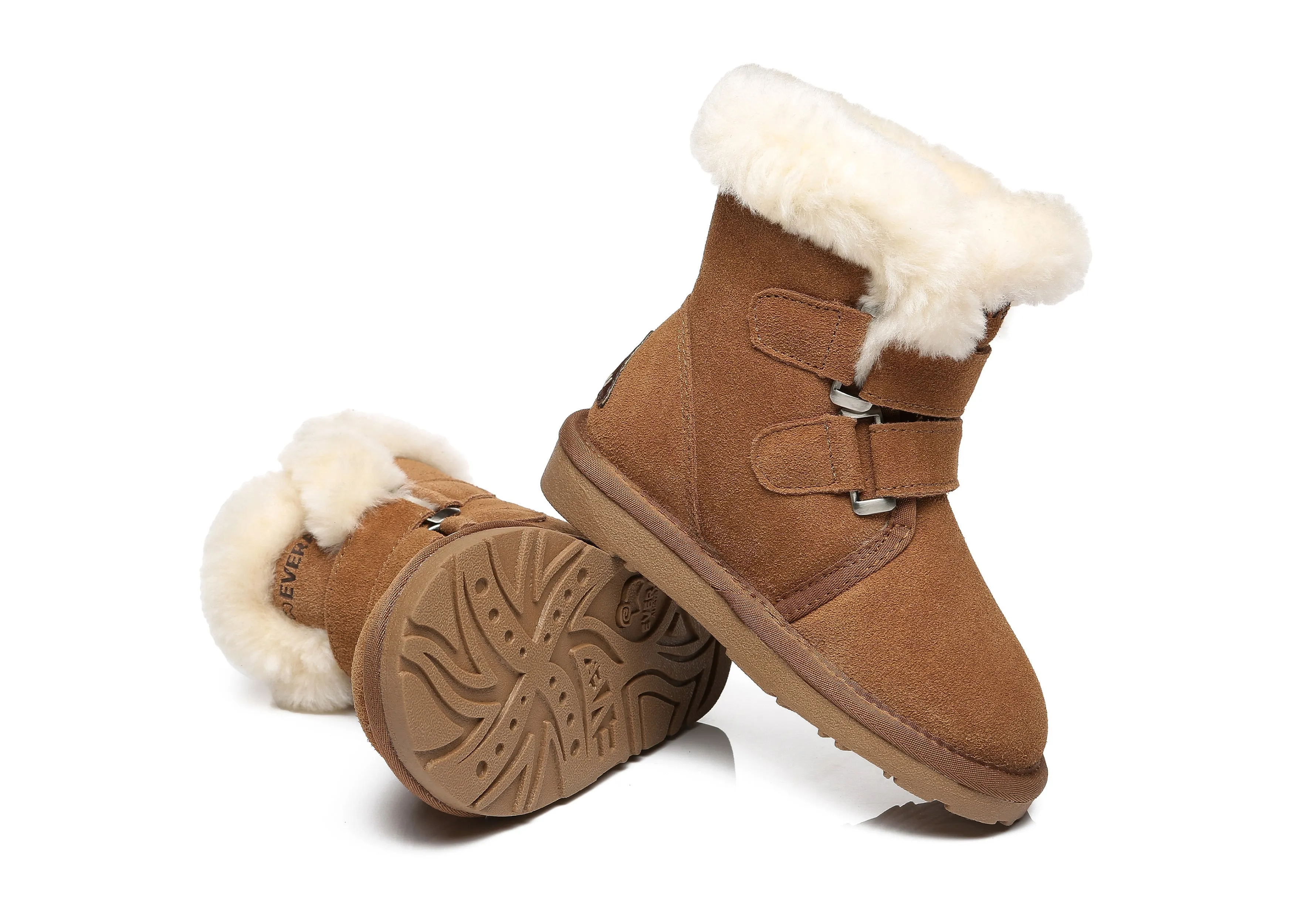 Double Hook And Loop Strap Sheepskin Boots Kids Nordic