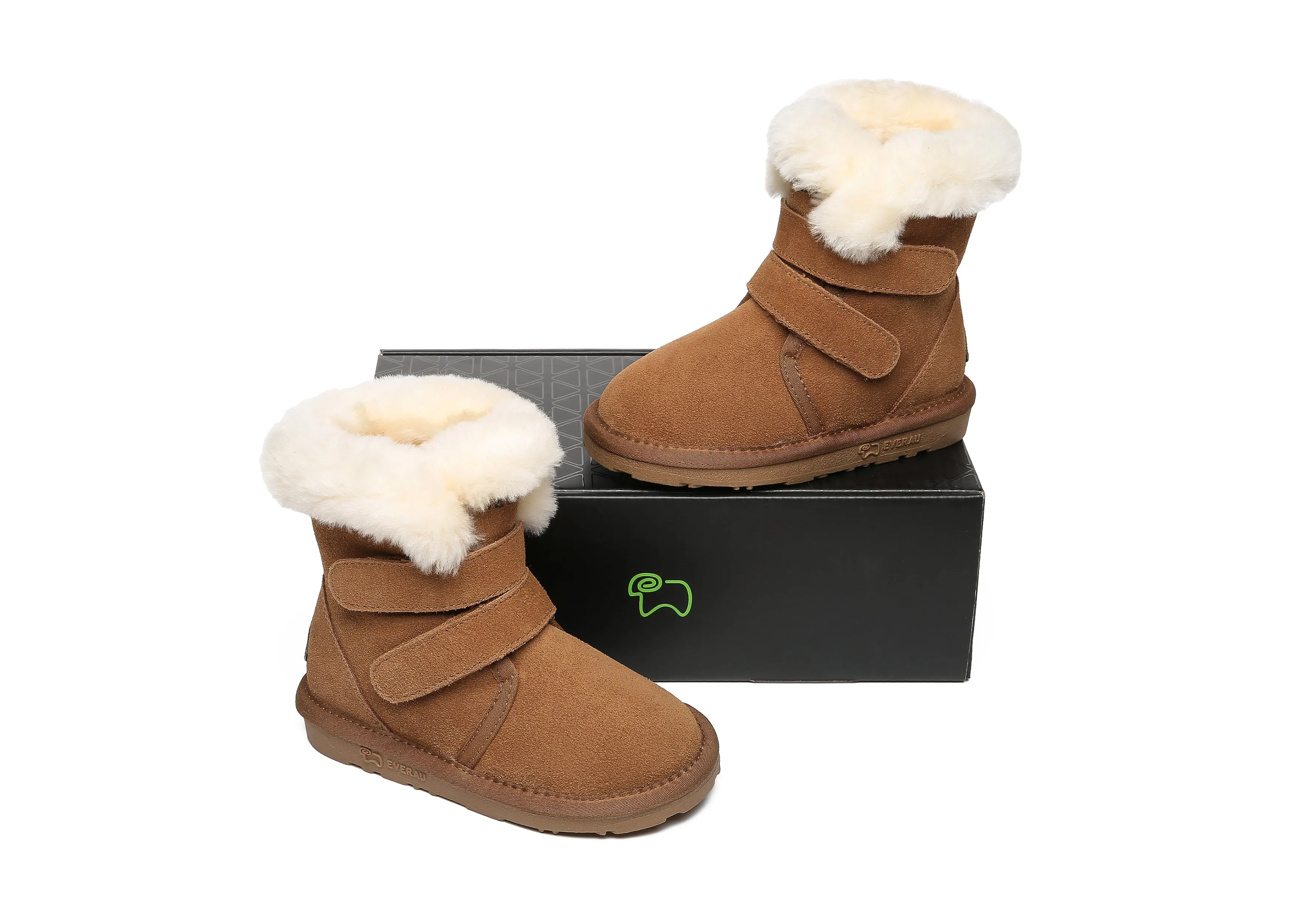 Double Hook And Loop Strap Sheepskin Boots Kids Nordic