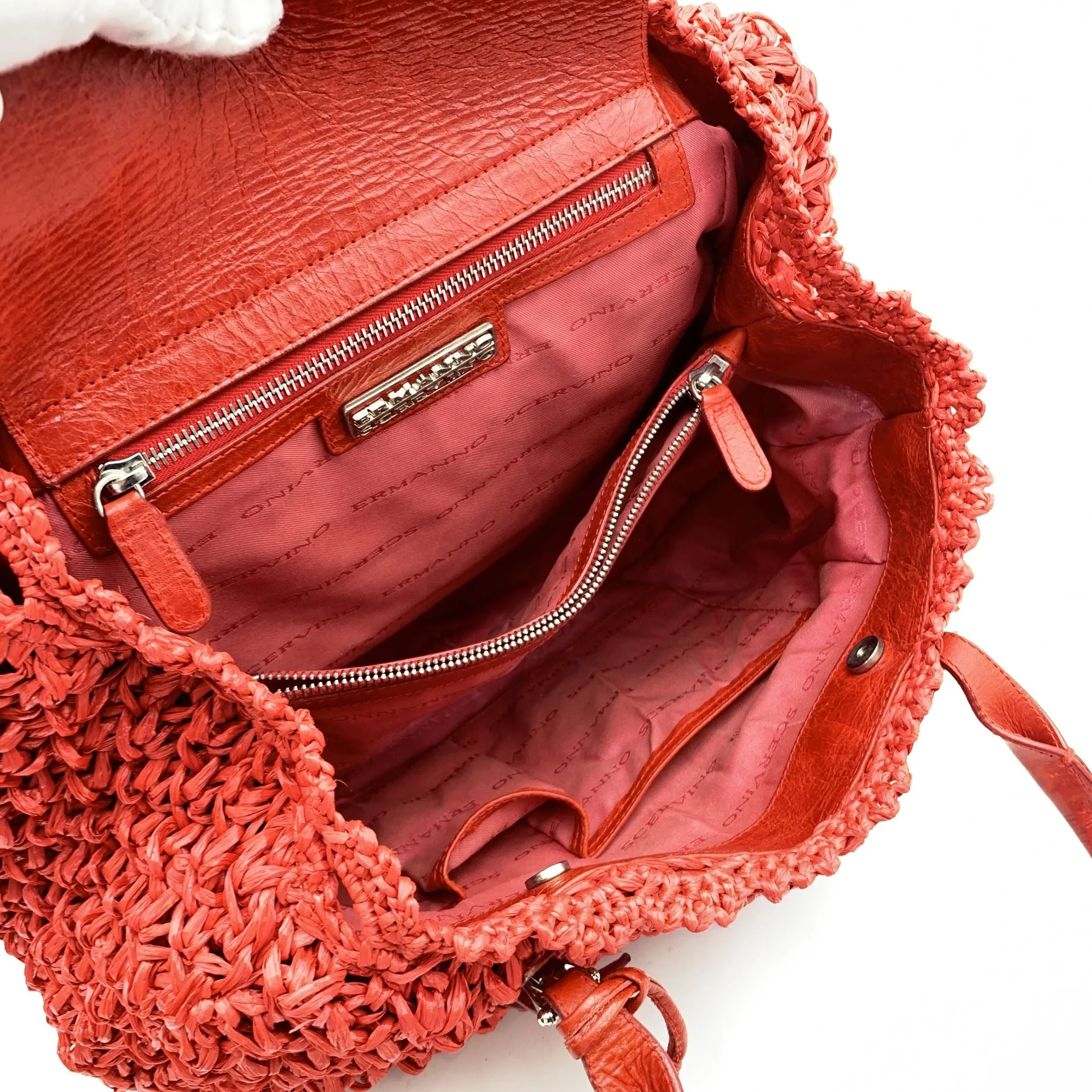 Ermanno Scervino Red Raffia and Leather Tote Shoulder Bag