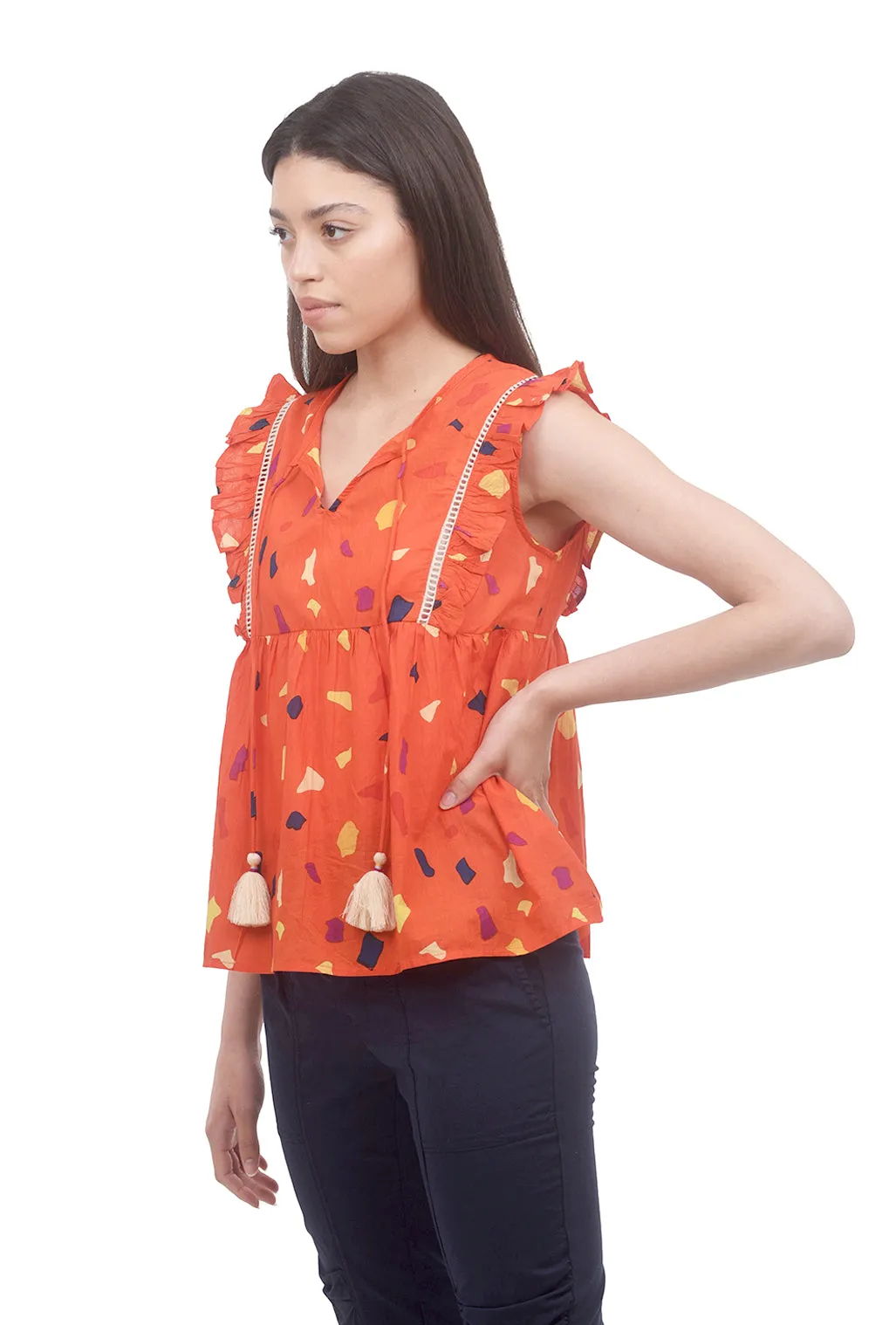 Front Ruffle Babydoll Top, Orange