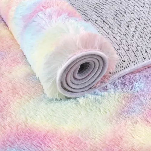 GARVEE 4x6 Rug Shag Rug for Living Room Shaggy Rug Kids Rug Plush Rug Rainbow Colorful Carpet Bedroom Fluffy Rug Bedside Rug Soft Rug Non Skid Rug Modern Area Rug Large, Pink/Sky Blue 4'x6'