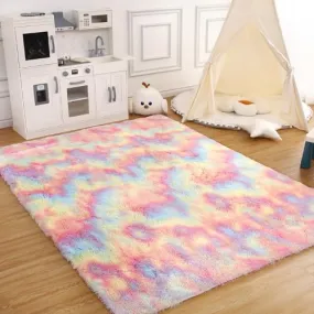 GARVEE 4x6 Rug Shag Rug for Living Room Shaggy Rug Kids Rug Plush Rug Rainbow Colorful Carpet Bedroom Fluffy Rug Bedside Rug Soft Rug Non Skid Rug Modern Area Rug Large, Pink/Sky Blue 4'x6'