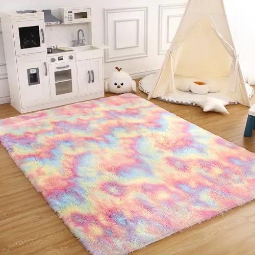 GARVEE 4x6 Rug Shag Rug for Living Room Shaggy Rug Kids Rug Plush Rug Rainbow Colorful Carpet Bedroom Fluffy Rug Bedside Rug Soft Rug Non Skid Rug Modern Area Rug Large, Pink/Sky Blue 4'x6'