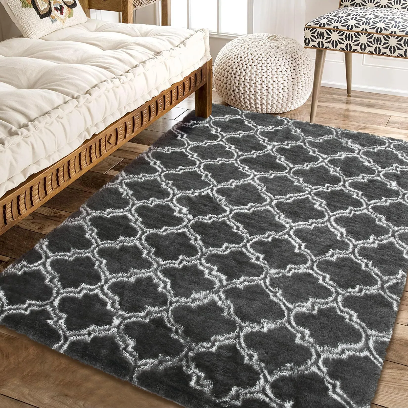 GARVEE 5x8 Rug Shag Rug for Living Room Black Rug Shaggy Rug Kids Rug Plush Rug Geometric Moroccan Carpet Bedroom Fluffy Rug Bedside Rug Soft Rug Non Skid Rug Modern Area Rug Black 5'x8'