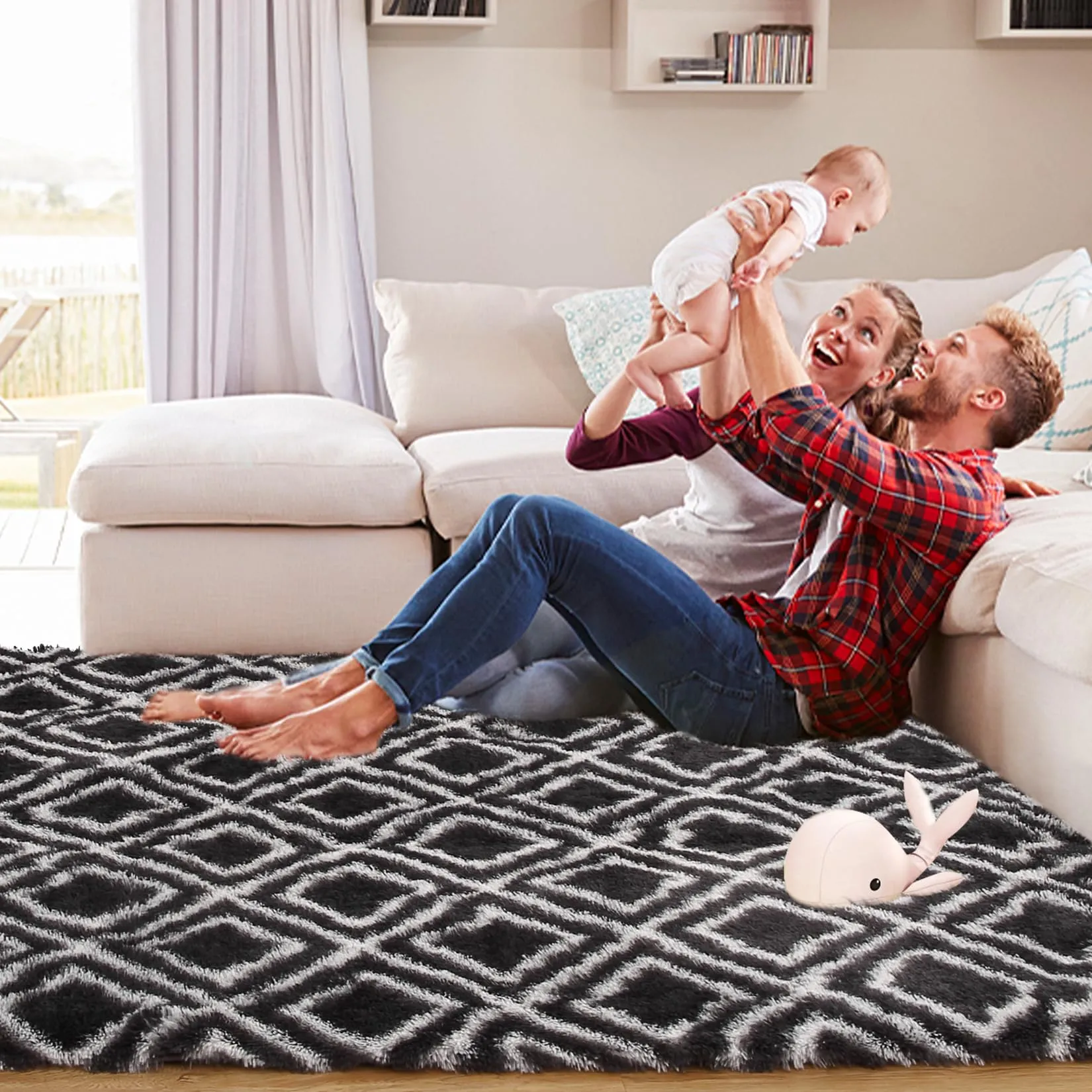 GARVEE 5x8 Rug Shag Rug for Living Room Shaggy Rug Kids Rug Plush Rug Black Geometric Carpet Bedroom Fluffy Rug Bedside Rug Soft Rug Non Skid Rug Modern Area Rug Large, Black 5'x8'