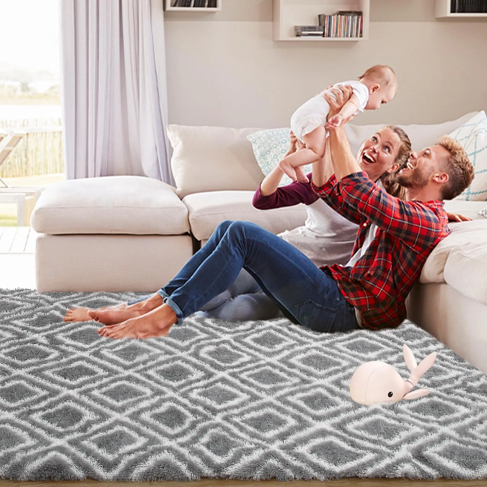 GARVEE 5x8 Rug Shag Rug for Living Room Shaggy Rug Kids Rug Plush Rug Geometric Carpet Bedroom Fluffy Rug Bedside Rug Soft Grey Rug Non Skid Rug Modern Area Rug Large Rug Grey 5'x8'