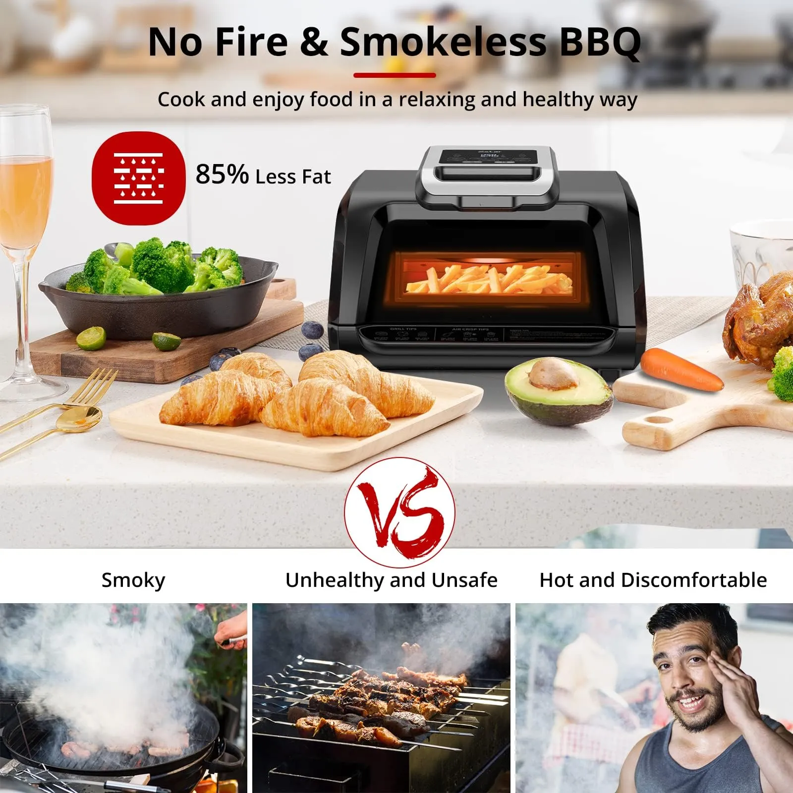 GARVEE 7-in-1 Indoor Grill Combo with See-Through Window and Silicon Tongs, Smokeless Electric Air Fryer up to 450°F, 1750W Contact Grill with Non-Stick Removable Plates, Even Heat, Black, 4Qt