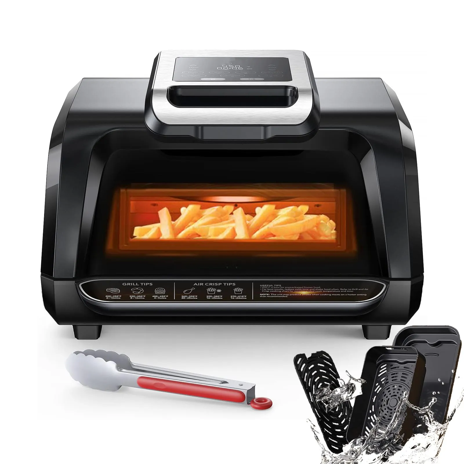 GARVEE 7-in-1 Indoor Grill Combo with See-Through Window and Silicon Tongs, Smokeless Electric Air Fryer up to 450°F, 1750W Contact Grill with Non-Stick Removable Plates, Even Heat, Black, 4Qt