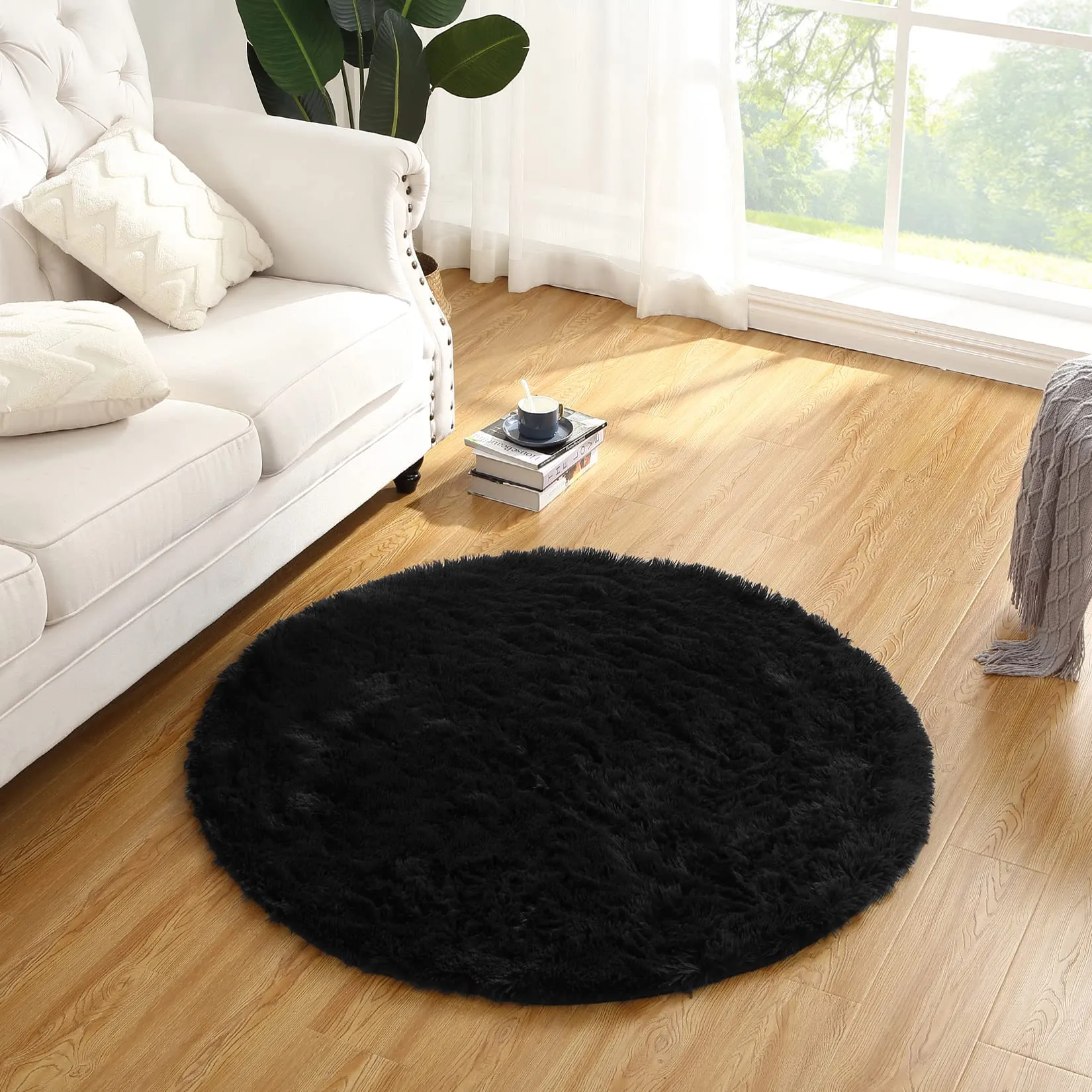 GARVEE Area Rug 47x47 Fuzzy Rug Hallway Mats for Living Room Bedroom Rug Fuzzy Rug Non-Slip Kitchen Rug Plush Rug,Round,Black