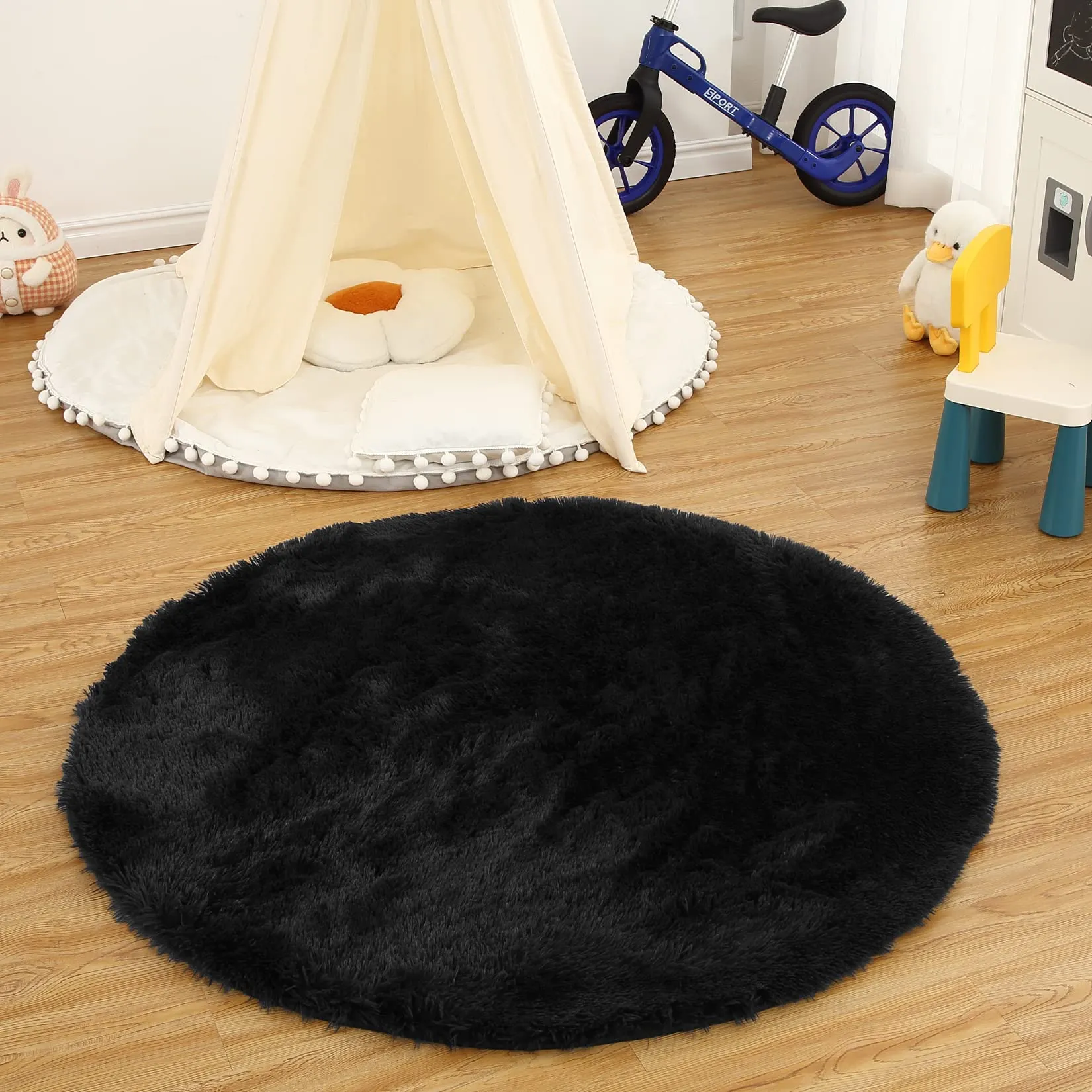 GARVEE Area Rug 47x47 Fuzzy Rug Hallway Mats for Living Room Bedroom Rug Fuzzy Rug Non-Slip Kitchen Rug Plush Rug,Round,Black