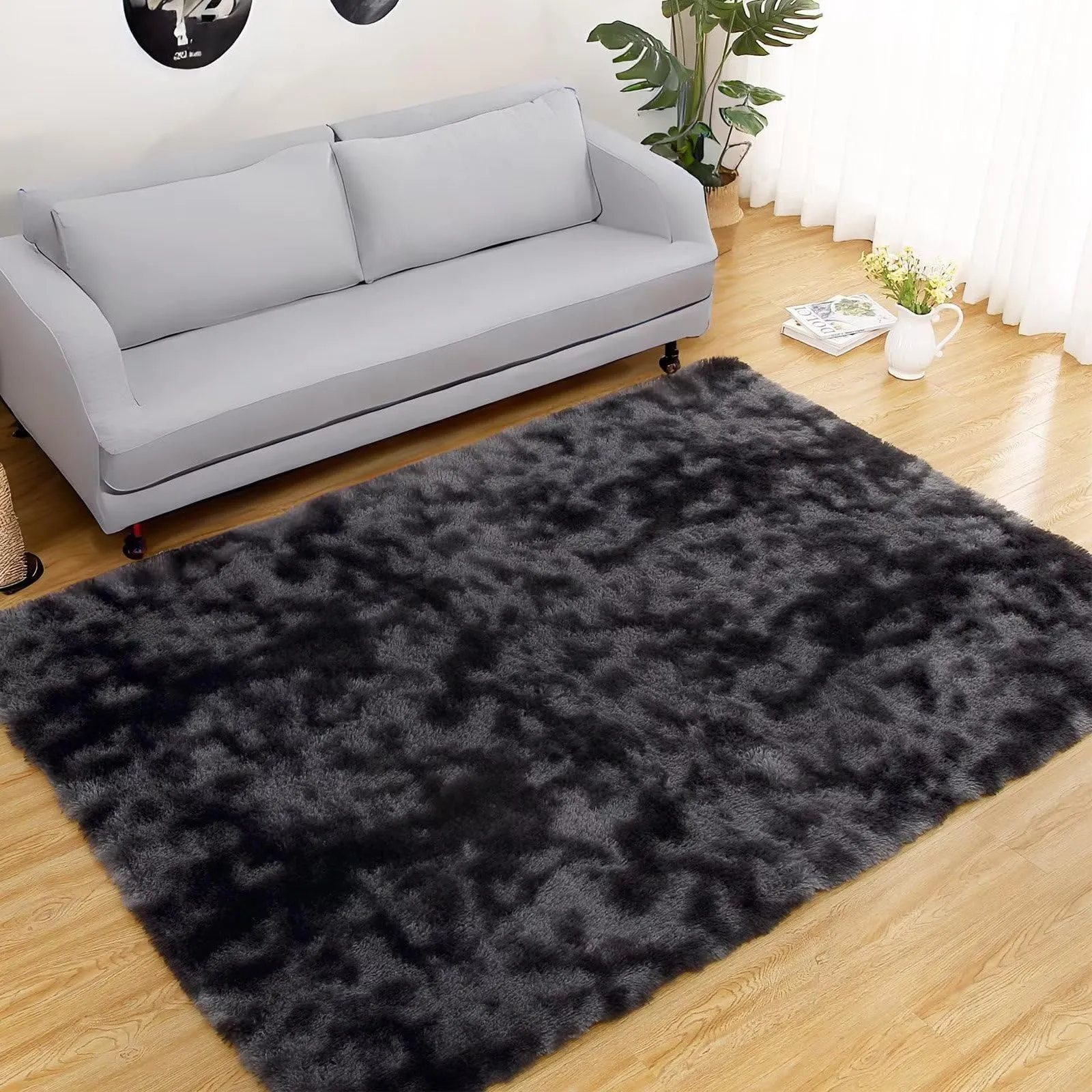 GARVEE Fluffy Area Rug 8x10 Faux Fur Rugs Non-Shedding Carpet for Bedroom, Soft Shaggy Rug Anti-Slip Floor Cover Fuzzy Rugs for Kids Playroom Classroom Dining Room Decor, Black Grey