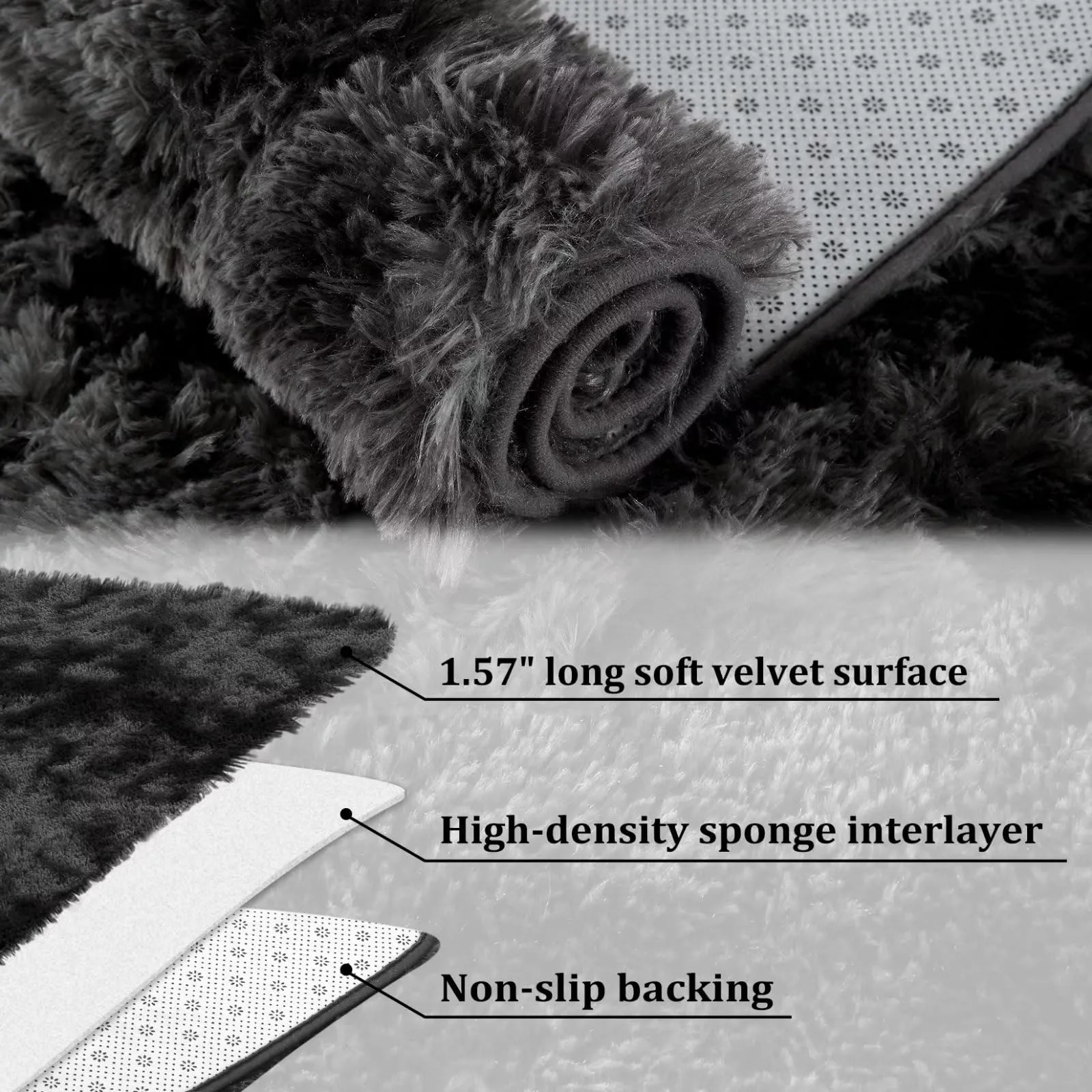 GARVEE Fluffy Area Rug 8x10 Faux Fur Rugs Non-Shedding Carpet for Bedroom, Soft Shaggy Rug Anti-Slip Floor Cover Fuzzy Rugs for Kids Playroom Classroom Dining Room Decor, Black Grey