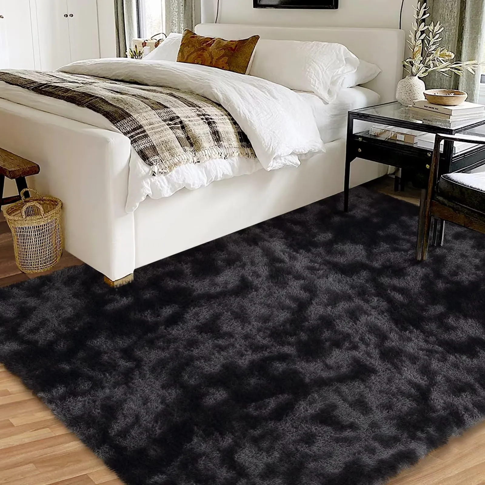 GARVEE Fluffy Area Rug 8x10 Faux Fur Rugs Non-Shedding Carpet for Bedroom, Soft Shaggy Rug Anti-Slip Floor Cover Fuzzy Rugs for Kids Playroom Classroom Dining Room Decor, Black Grey