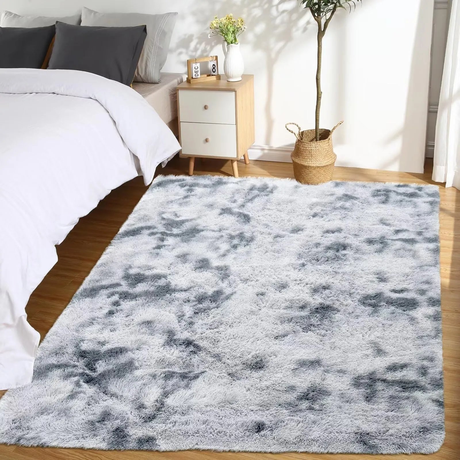 GARVEE Fluffy Area Rugs for Living Room 8' x 10' Modern Plush and Thick Faux Fur Shag Rug Non-Slip Tie Dye Carpet for Bedroom, Fuzzy Shaggy Rugs for Kids Nursery Dorm - Light Grey / 8 x 10 Feet