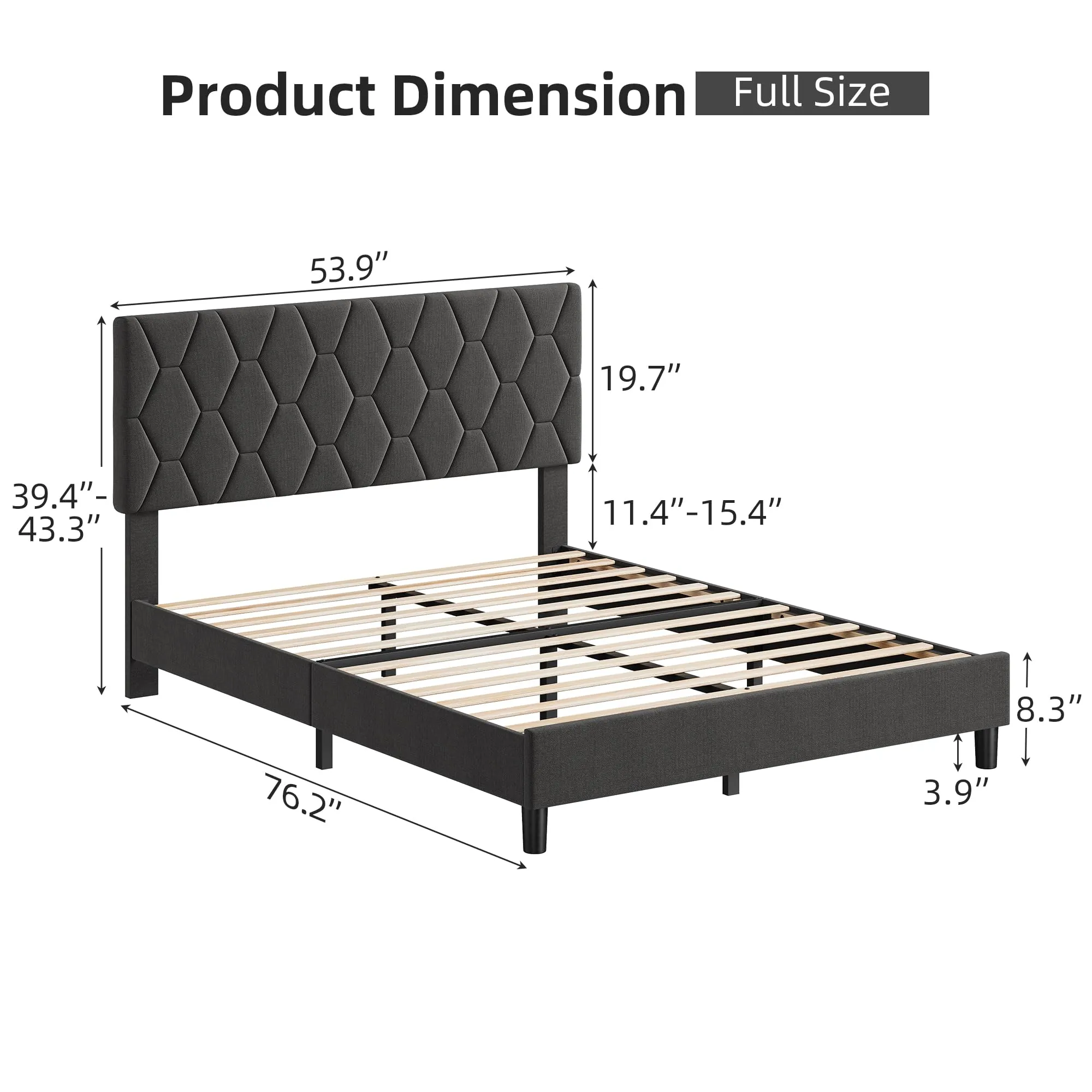 GARVEE Full Size Platform Bed Frame with Upholstered Headboard, Fabric Upholstered Bed Frame with Adjustable Headboard, Bed Frame with Diamond Pattern and Soft Fabric, Wood Slat Support, Grey