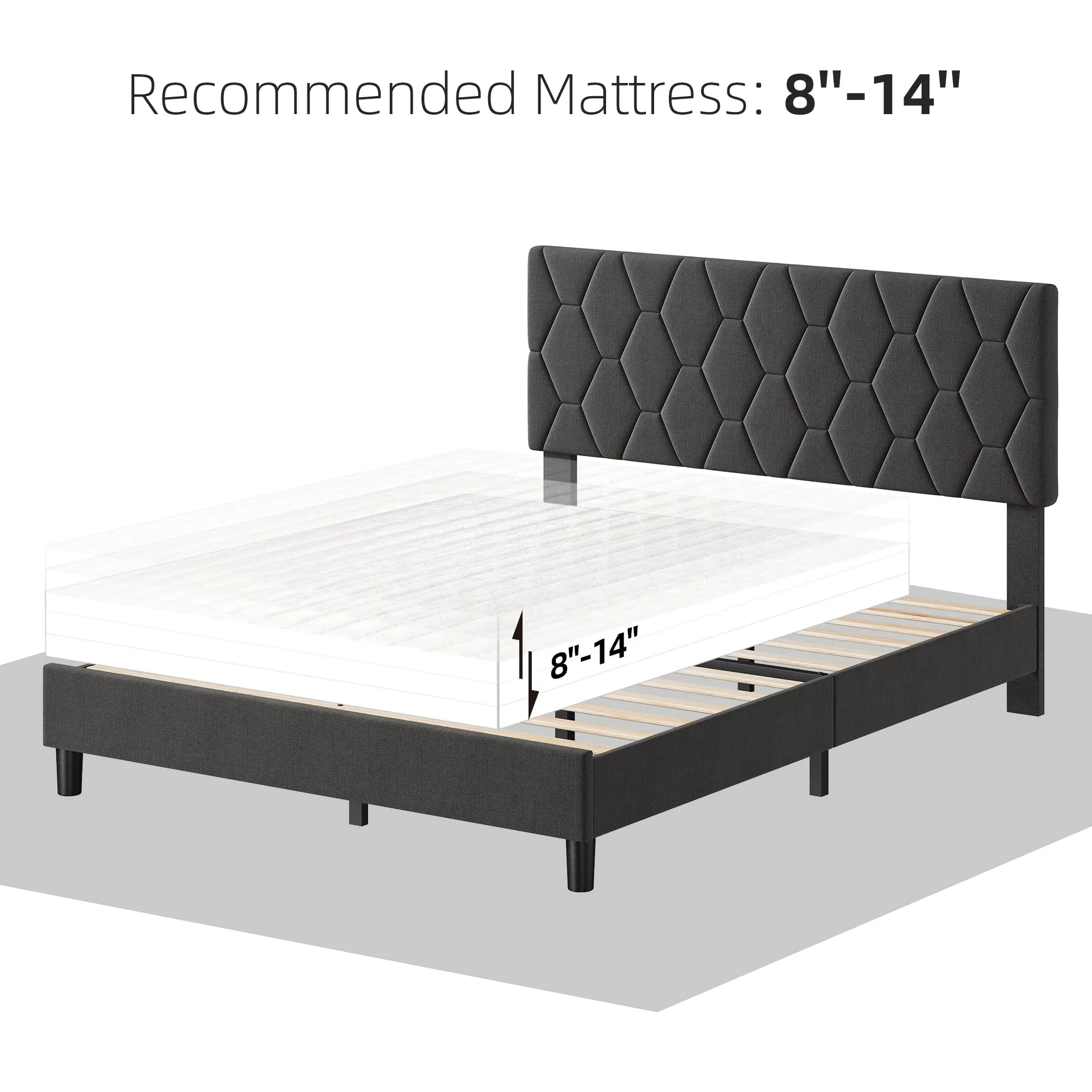 GARVEE Full Size Platform Bed Frame with Upholstered Headboard, Fabric Upholstered Bed Frame with Adjustable Headboard, Bed Frame with Diamond Pattern and Soft Fabric, Wood Slat Support, Grey