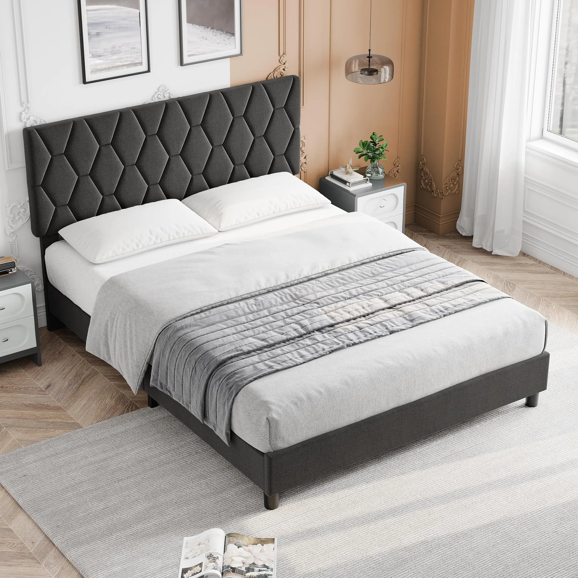 GARVEE Full Size Platform Bed Frame with Upholstered Headboard, Fabric Upholstered Bed Frame with Adjustable Headboard, Bed Frame with Diamond Pattern and Soft Fabric, Wood Slat Support, Grey