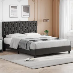 GARVEE Full Size Platform Bed Frame with Upholstered Headboard, Fabric Upholstered Bed Frame with Adjustable Headboard, Bed Frame with Diamond Pattern and Soft Fabric, Wood Slat Support, Grey