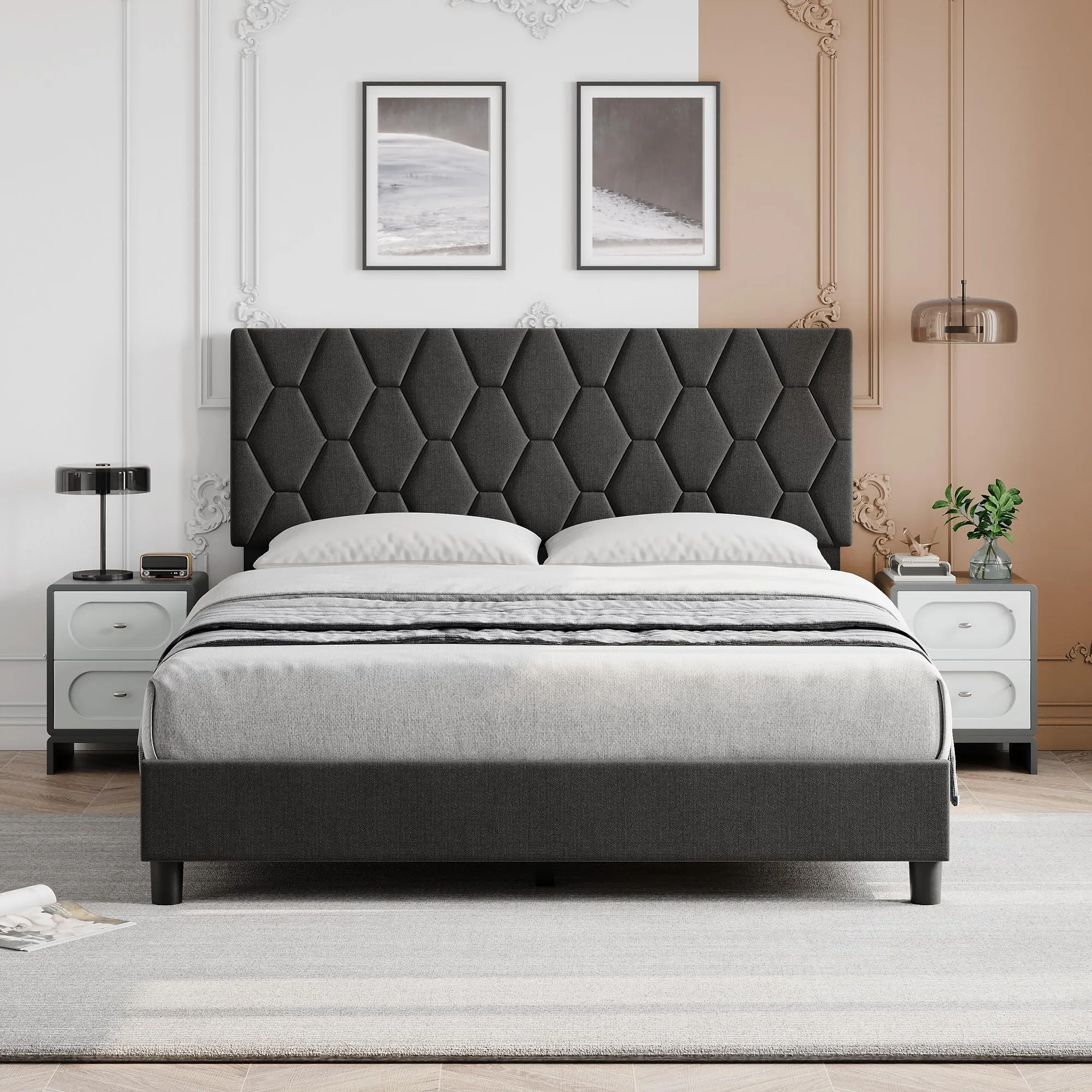 GARVEE Full Size Platform Bed Frame with Upholstered Headboard, Fabric Upholstered Bed Frame with Adjustable Headboard, Bed Frame with Diamond Pattern and Soft Fabric, Wood Slat Support, Grey